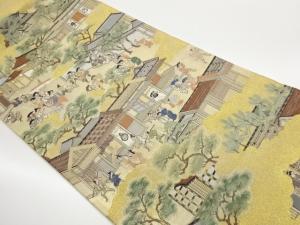 人物に家屋・松模様織出し袋帯